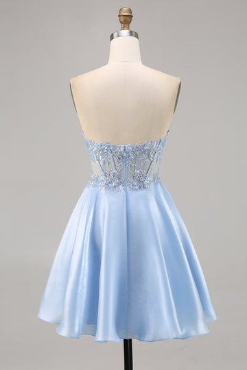 Sparkly Light Blue Strapless Corset Short Cocktail Dress with Sequins